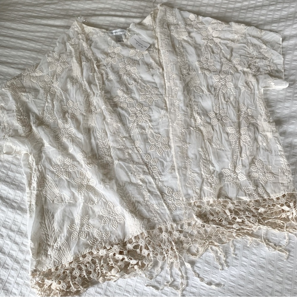 Sheer Cream Kimono - Embroidered with fringe